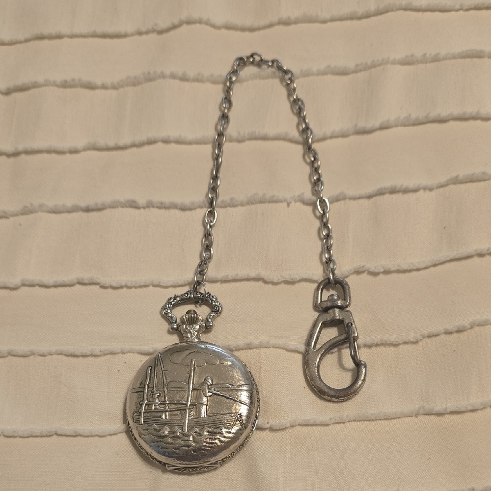 Vintage Soneca Silver Pocket Watch with Chain Nautical Fishing Scene Quartz